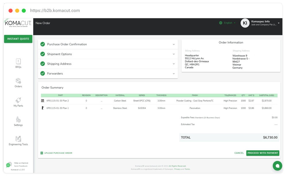 Sheet Metal Parts Quotation - Price Breakdown